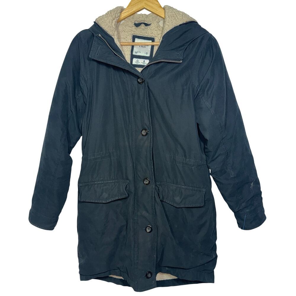 Abercrombie & Fitch Black Tan Sherpa Hooded Utility Parka Coat Jacket Womens M